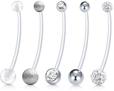 Longita 14G Schwangerschaft Bauchnabelpiercing Mutterschaft Flexible Barbell Retainer Kunststoff Stab 38mm Länge Einstellbar 5 Stile-Silber
