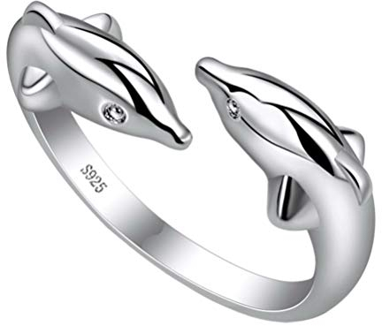 Happyyyami Damenring Open Animal Verstellbar Ring Ring zum Öffnen Delfine für Damen Mädchen Offener Ring Geschenk Verstellbar Silber