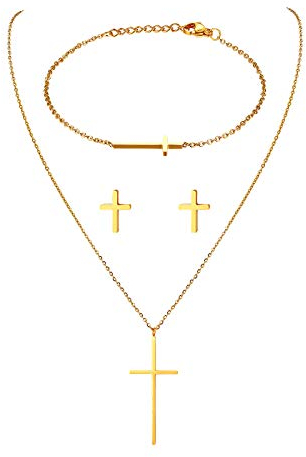JewelryWe Schmuck Damen Armband Halskette Ohrringe Schmuckset Edelstahl Kreuz Anhänger mit Kette, Armkette & Ohrstecker Set für Frau Mädchen Gold