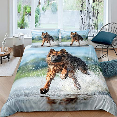 Loussiesd Deutscher Schäferhund Bettwäsche Set 135x200cm für Kinder Jungs Hund Muster Bettbezug Set 3D Tier Thema Betten Set mit 1 Kissenbezügen 80x80cm Weicher Mikrofaser Reißverschluss
