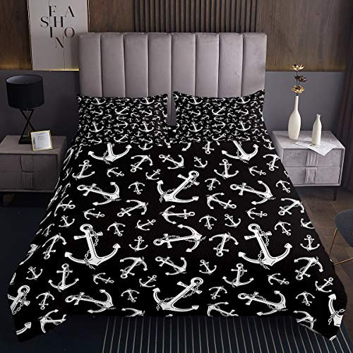 Anker Bettüberwurf für Kinder Nautisch Steppdecke Schwarz Weiß Ozean Marine Themed Tagesdecke 240x260cm Raumdekor Meer Abenteuer Wohndecke 3St
