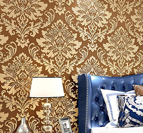 Prior.choice 9.5X0.53M Luxury Damask 6 Colors Luxury Embossed Flock Textured Non-Woven Wallpaper Roll for Bedroom Livingroom 1.73' W x 31.2' L=5.035㎡ (54sq.ft) (Brown)