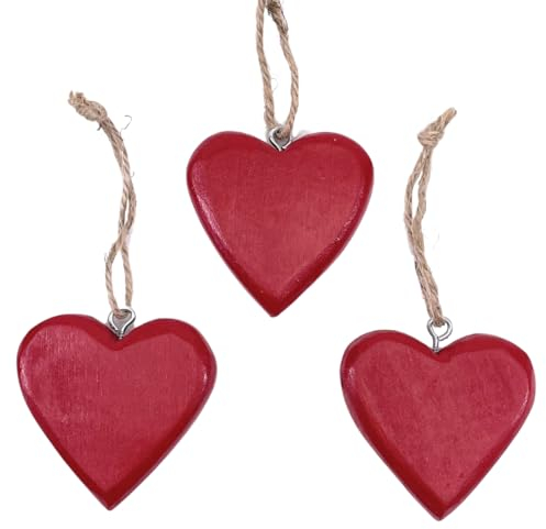 Marzoon Lackierte Holz Herz Anhänger mit Juteband ca. 4,5 x 5 cm - Massiv Holzherzen - Deko für Geschenke - Mini-Deko - Mitbringsel (3er Set Rot)