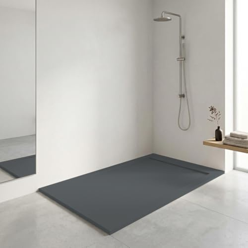 Plato de ducha Resina FLOW Antracita RAL 7011-90x130 – Textura Pizarra – Antideslizante – Incluye rejilla y sifón