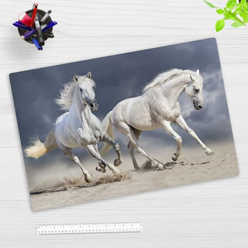 Schreibtischunterlage für Kinder und Erwachsene – “Galoppierende Pferde - Schimmel weiß“ – aus erstklassigem, strapazierfähigem Vinyl (Kunststoff -BPA frei) – 60 x 40 cm – Made in Germany