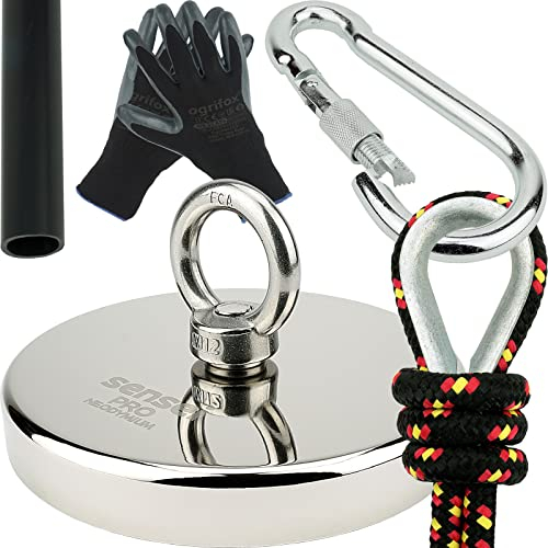 SENSEI Set 800 kg, N52 Neodym-Magnet mit Öse, Ø13,6 x H2 cm, Segelseil 25 m, Schutzhandschuhe + Zubehör, Set mit Ösenmagnet zum Magnetfischen im Wasser