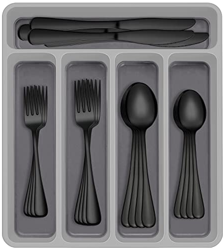 AIVIKI - Juego de cubiertos negros de 60 piezas con organizador, cubiertos de acero inoxidable para 12 personas, juego de cubiertos para restaurante en casa, vajilla incluye juego de cuchillos,