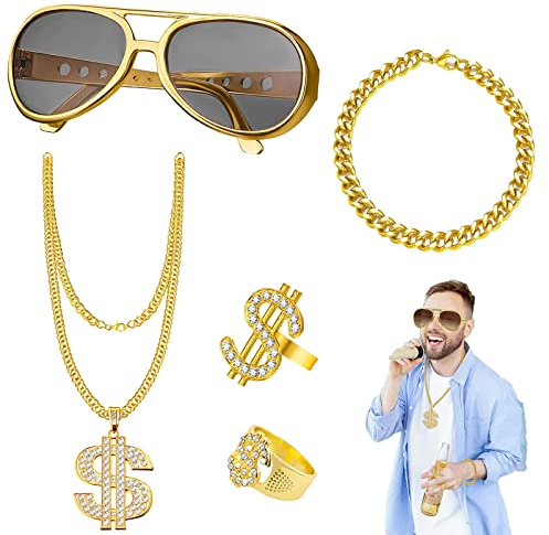 5St Halskette Dollar Ring Goldkette Armband 80er 90er Jahre Rapper Accessoires für Männer Zuhälter Kostüm Set Fasching Karneval Accessoires für Herren Verkleidung Set Party Foto Requisiten