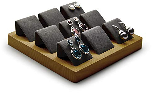 Oirlv Massivholz 9 Standort Ohrringeständer Schmuckständer Ohrringe Vitrine Display Ohrstecker Stand Halter/Mikrofaser Oberfläche(Grau)