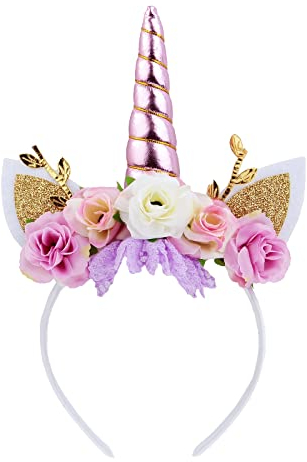 Nishine Einhorn Horn Floral Stirnband Glitter Ohren Pony Kopfbänder Tiara für Mädchen Party Geburtstag Cosplay(Rosa&Elfenbein)
