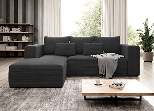 Moderno Ecksofa mit Schlaffunktion und Bettkasten Stripes - Sofa mit 3 Sitzer und Robuste überzug - Schlafcouch L-Form - Modern Couch Cord - 255x73x161 cm - Links Graphit