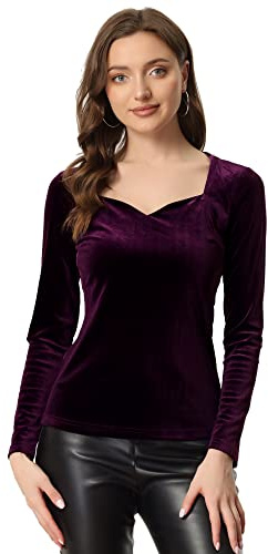 Allegra K Velvet Tops for Women's Christmas Long Sleeves Sweetheart Neck Blouse Medium Purple