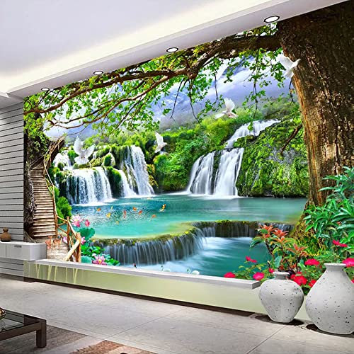 Papier Peint panoramique Peinture murale de paysage de nature de cascade de grand arbre vert, 300 * 210cm pour Salon Chambre d'enfants restaurant Décoration Murale