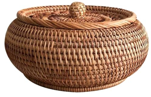 DOITOOL Rattan Storage Basket with lid: Round Rattan Storage Container Woven Kitchen Fruit Bread Baskets Egg Holder for Storing Snacks, Chess Pieces and Jewelry