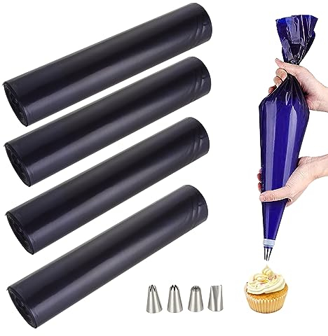 SHUESS Juego de 200 bolsas de glaseado y boquillas de 21 pulgadas, 4 rollos de mangas pasteleras desechables de 25 x 52 cm con boquillas de 4 tamaños, mangas pasteleras grandes para decoración de