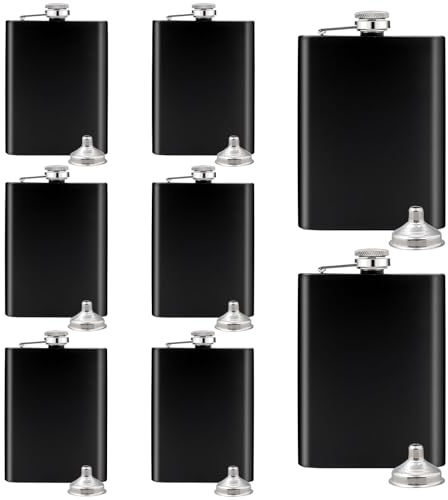 8 Pack 8 Oz Hip Flask for Liquor Matte Black Stainless Steel Leakproof with 8 Funnel for Gift, Fishing, Camping, Hunting, Hiking, Wedding Party, Traveling(Black)