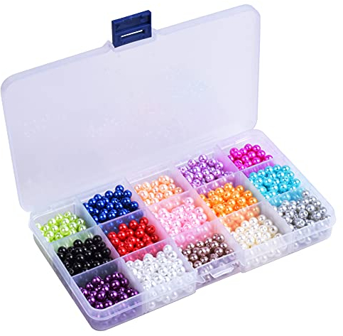 Wisebom 1500 Stück Perlen Bunt, 15 Farben Harz Glasperlen, Bastelperlen Runde Beads Gemischte, Kunstperlen mit Löchern zum Auffädeln, für DIY Schmuckherstellung, Armbänder, Halsketten Basteln - 6mm