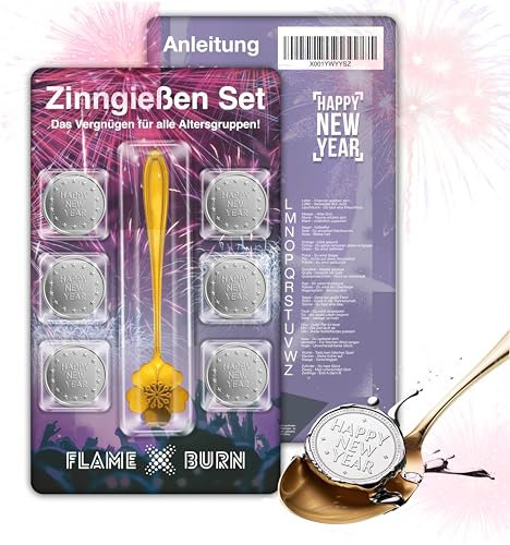 Zinngießen Set für Silvester 2026: Zinn zum Gießen ähnlich wie Bleigießen, inklusive Löffel & Orakelbuch mit Deutungen - Partyspiele (1x)