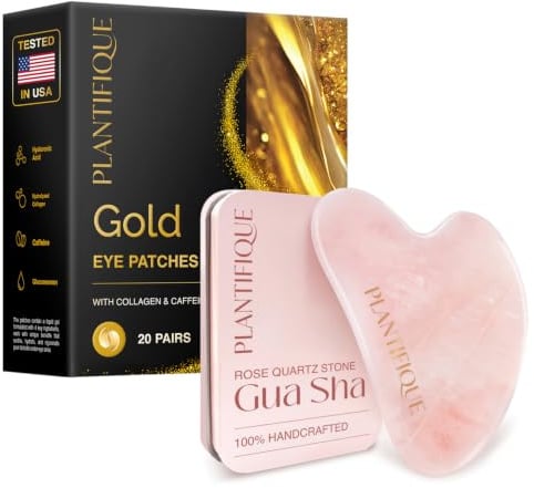 PLANTIFIQUE Gua Sha Visage et Corps en Pierre Véritable de Quartz Rose - Outil de Massage Facial & Skincare Patch Yeux Anti Poche Cernes - Masque Visage Collagene Hydratant - 20 Paires
