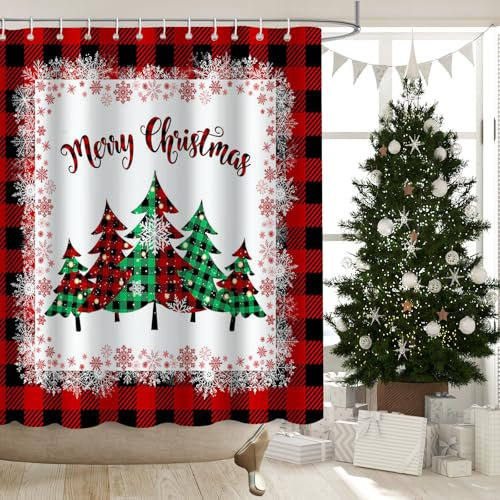 APROPHIC Tenda da Doccia di Natale, Set di Tende da Doccia Per Albero di Natale, Tenda da Doccia Per Decorazione del Bagno di Natale a Quadri Rossi, Tenda da Bagno in Tessuto Lavabile 72x72 Pollici