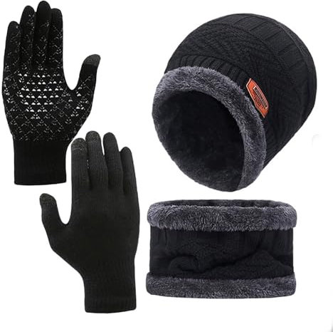 Mütze Schal Handschuhe Set für Herren und Frauen - 3 in 1 Winterset Mit Touchscreen Handschuhen und Wärmer