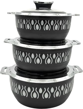Casserole Dishes with Lid 3 pc Set Black (1000ml,1500ml,2000ml) 3-Piece Ultra Casserole - Insulated, BPA-Free, Stainless Steel, Double Wall Hot & Cold Food Storage with Lid Thermal Soup/Salad Serving