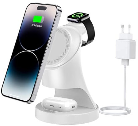 Magnetica per Apple Watch e iPhone charger, Caricatore Wireless iphone magsafe, 3 in 1 Stazione di Ricarica Wireless per iPhone 16/15/14/13/12 Pro Max Serie Dispositivi per AirPods (bianca)