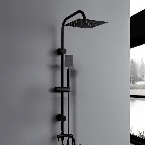 Megistore | Colonna Doccia Nera Opaca Con Soffione e Doccetta Quadrato Acciaio Inox Anticalcare e Portasapone, Altezza Regolabile Che Permette Di Utilizzare Fori Pre Esistenti