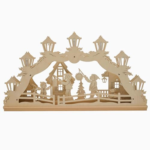 Erzwelt - Lichterbogen ELB – Schwibbogen aus Holz – Leuchtbogen mit 7 Kerzen – Original Erzgebirge Fensterbogen – handgemachte Weihnachtsdeko – Motiv Laternenkinder – 32 x 56 x 5 cm