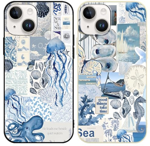 Vxinvnoi 2 Stück Handyhülle für iPhone 14/iPhone 13 Hülle, Collage Motiv Aesthetic Meer Bunt Sommer Muster Mädchen Case, Weich Silikon TPU Stoßfeste Kratzfest Schutzhülle für iPhone 14 6,1, Blau