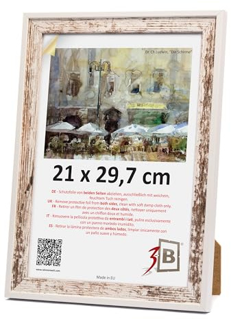 3-B Bilderrahmen SALO DUO - Vintage-Weiß (Rustical mit sichtbarer Holzmaserung) / Weiß - 21x29,7 cm (A4) - Holzrahmen, Fotorahmen, Dokumentenrahmen mit Acrylglas