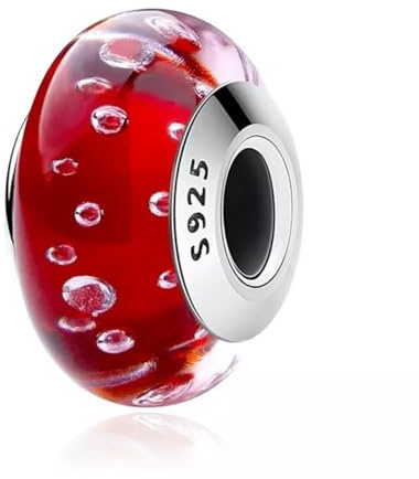 Breloque verre Murano à bulles rouges argent sterling 925 véritable compatible bracelet