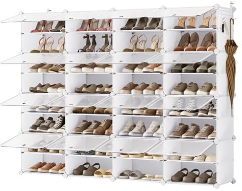 SONGMICS Scarpiera, Scaffale Modulare da Ingresso, con Sportelli, Telaio in Acciaio e Ripiani in Plastica, Camera da Letto, 16 Scomparti per 64 Paia di Scarpe, Bianco Nuvola e Trasparente LPC045WH01