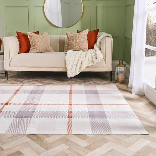 OHS Rugs for Bedroom, Check Washable Rugs Living Room Soft Low Pile Medium Vintage Area Rug for Living Room Hallway Floor Carpet, Rust/Natural - 120 x 170cm