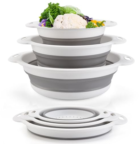 katmerio 3 Piece Foldable Silicone Strainer Set, Kitchen Silicone Foldable Colander Pasta Strainer, Kitchen Strainer Washing Bowl for Pasta, Fruit, Vegetables - White