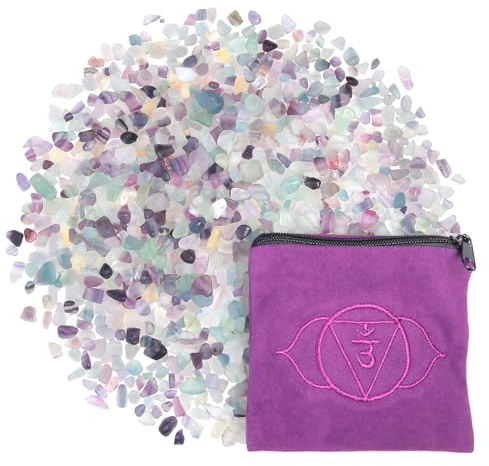 KYEYGWO 230g Fluorite Tumbled Stones and Crystals Chips with Chakra Bag | Small Decorative Stones for Vases, Indoor Plant Pots, Fish Tank, Garden, Tumbled Stones for Jewellery Making, Spell Jars
