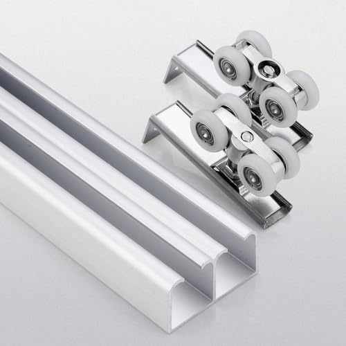 Riel Puerta Corredera Doble de Aluminio Juego de Herrajes Puertas Correderas con Ruedas y Guia 1-6.6 m Kit Puerta Corredera de Armario/Granero/Dormitorio Silencioso y Suave(Blanco,1.0m/3.3ft)