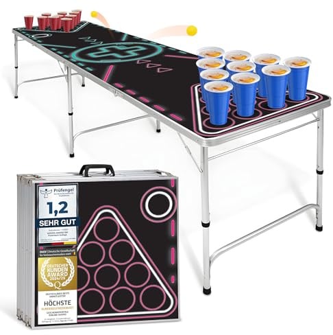 GOODS+GADGETS® Bierpong Tisch 240cm Alu, klappbar für Jede Party Neon