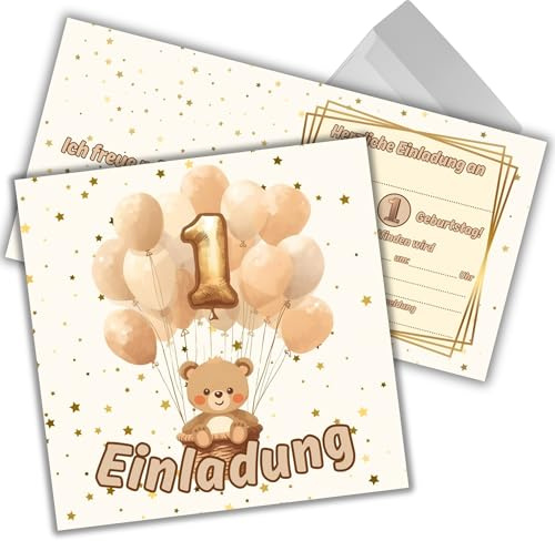 JOCERO Einladungskarten 1. Geburtstag – 12 Einladungskarten mit 12 Umschlägen – Boho Bär in Beige – Kindergeburtstag für Jungen und Mädchen – Klappkarten aus hochwertigem Karton