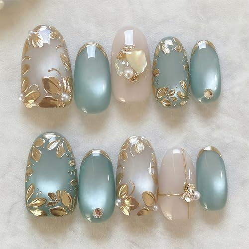 Cosblisvia 30Pcs Press on Nails, False Nails, Nails Kit Short Almond, 3D Gold Flowers Blue Cat Eye for Women, Girls, Technicians for Party, Date, Salon (Blue)