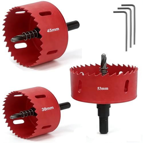 msymsyu 3 Stück Lochbohrer Holz, 38mm/45mm/53mm Lochkreissäge | Kohlenstoffstahl Bi-Metall Lochsäge, mit 3 Stk Sechskant-Schaft, Lochsägen für Sperrholz Holz, Weichholz, Faserplatten