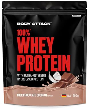 Body Attack 100% Whey Protein Milk Chocolate Coconut 900 g | cremiges Eiweißpulver mit Hydrolysat und BCAA´s, unterstützt Muskelaufbau und Diäten, Made in Germany