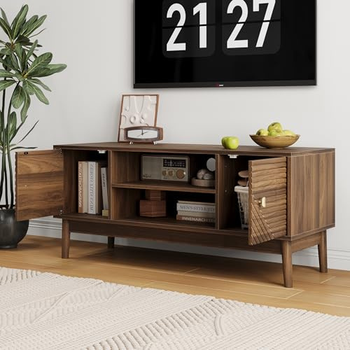 VIVCA Mid-Century Modern TV-Ständer 110 cm für 32/45 Zoll Fernseher, Entertainment-Center mit Stauraum, Medienkonsolentisch für Wohnzimmer und Schlafzimmer, Walnuss