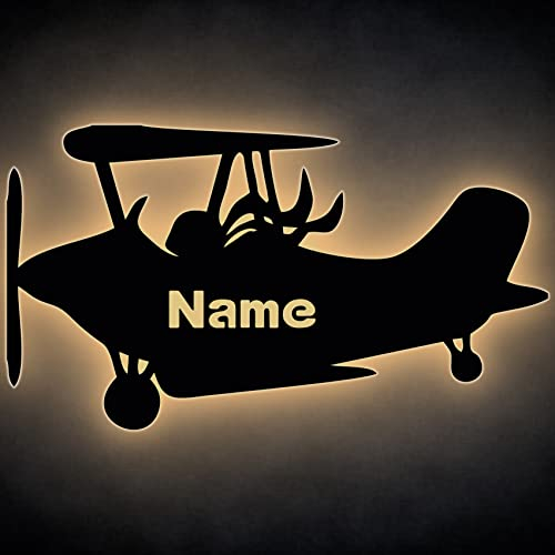 LEON FOLIEN Flugzeug LED Deko Schlummerlicht Nachtlicht Sportflugzeug Kinderlampe Wandlicht Wandlampe - personalisiert mit Wunsch Name Abendlicht Kinderzimmer Geschenk zum Geburtstag Taufen