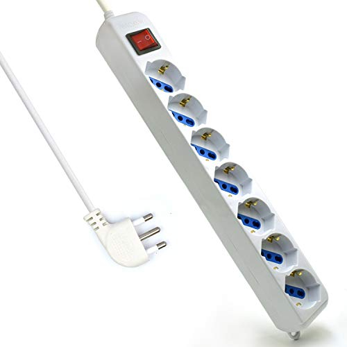 Multipresa a 7 Posti, Ciabatta Elettrica con 7 Prese Italiane 10A/16A e Schuko (Tedesche) - Spina Italiana 16A - Potenza 250V/2500W - Cavo da 1,5 Metri, Prese Angolate a 45°