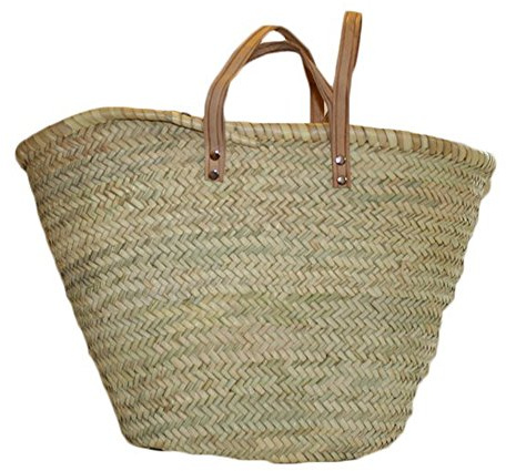 Panier paille naturel double anse cuir