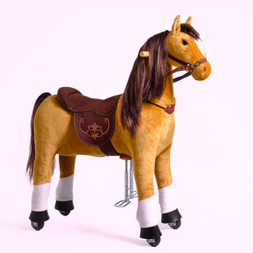 Fancy PONNIE Reitpferd mit Rollen Fancy M (5-12 Jahre), Spielpferd zum Reiten mit Abnehmbarer Braun Sattel und Halfter mit Zaumzeug, Kämmbare Mähne und Schwanz, Plüschpferd zum Reiten für Kinder
