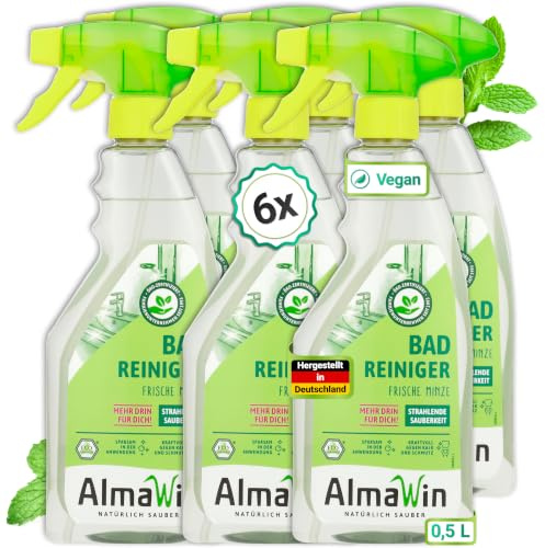 AlmaWin® Bad Reiniger [6x 500ml] für strahlende Sauberkeit - Badreiniger Spray mit Pfefferminz-Duft - Badezimmer Reiniger - Effektiv gegen Kalk & Schmutz - Badreiniger Extra Stark, Bio & Vegan