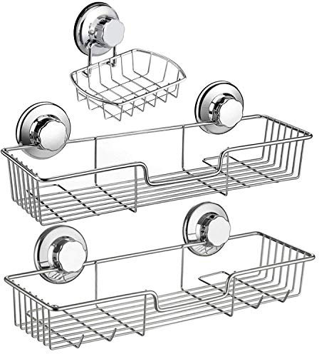 iPEGTOP Shower Caddy Basket Shelf & Soap Dish Holder for Bathroom Shampoo Conditioner Kitchen Storage Organizer SUS304 Stainless Steel, No Drilling Suction Cup - 3 Pack