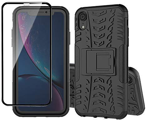 Yiakeng iPhone XR Case, iPhone XR Phone Case with Screen Protector, Shockproof Silicone Protective with Kickstand for iPhone XR (Black)